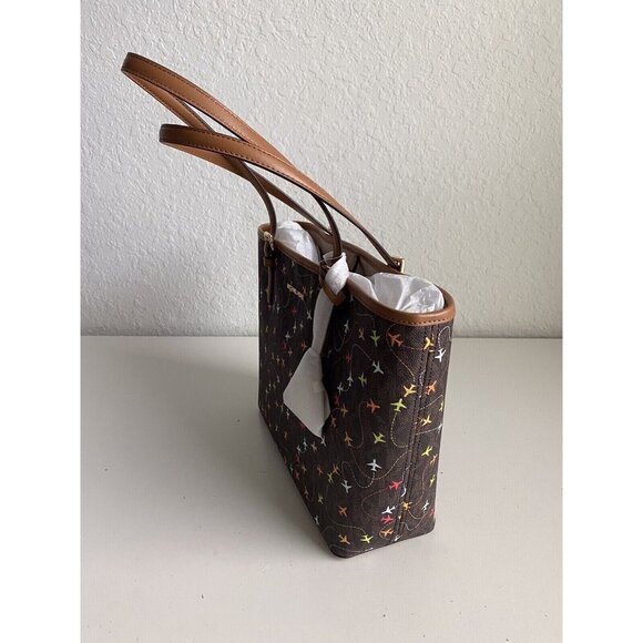 Michael Kors Jet Set Brown MultiColor Airplane Print Carryall Tote Purse Bag NEW - Picture 6 of 13